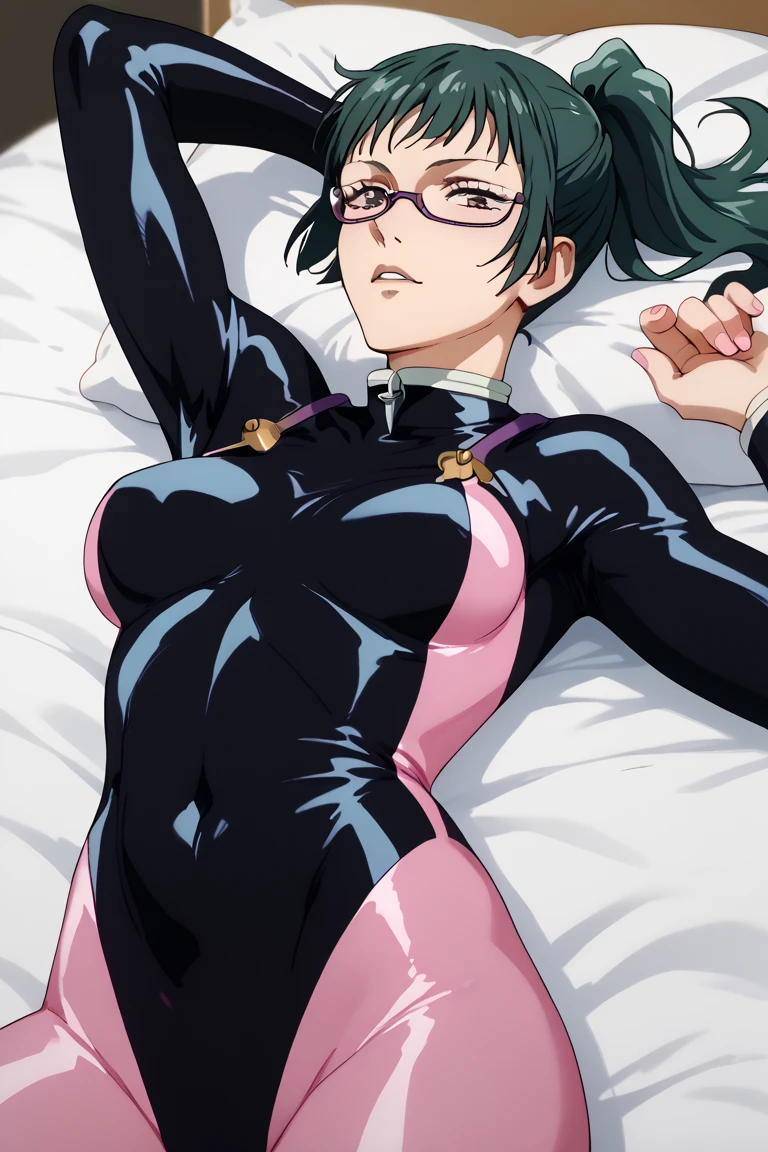 pink body suit black body suit　skin tight bed　  　　     
zenin maki glasses