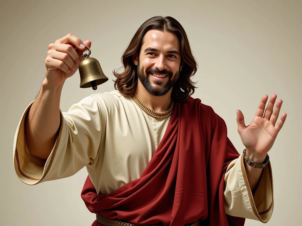 Jesus, biblical appearance, swinging a small bell, and smiling at the screen, 8k, ultra realistic