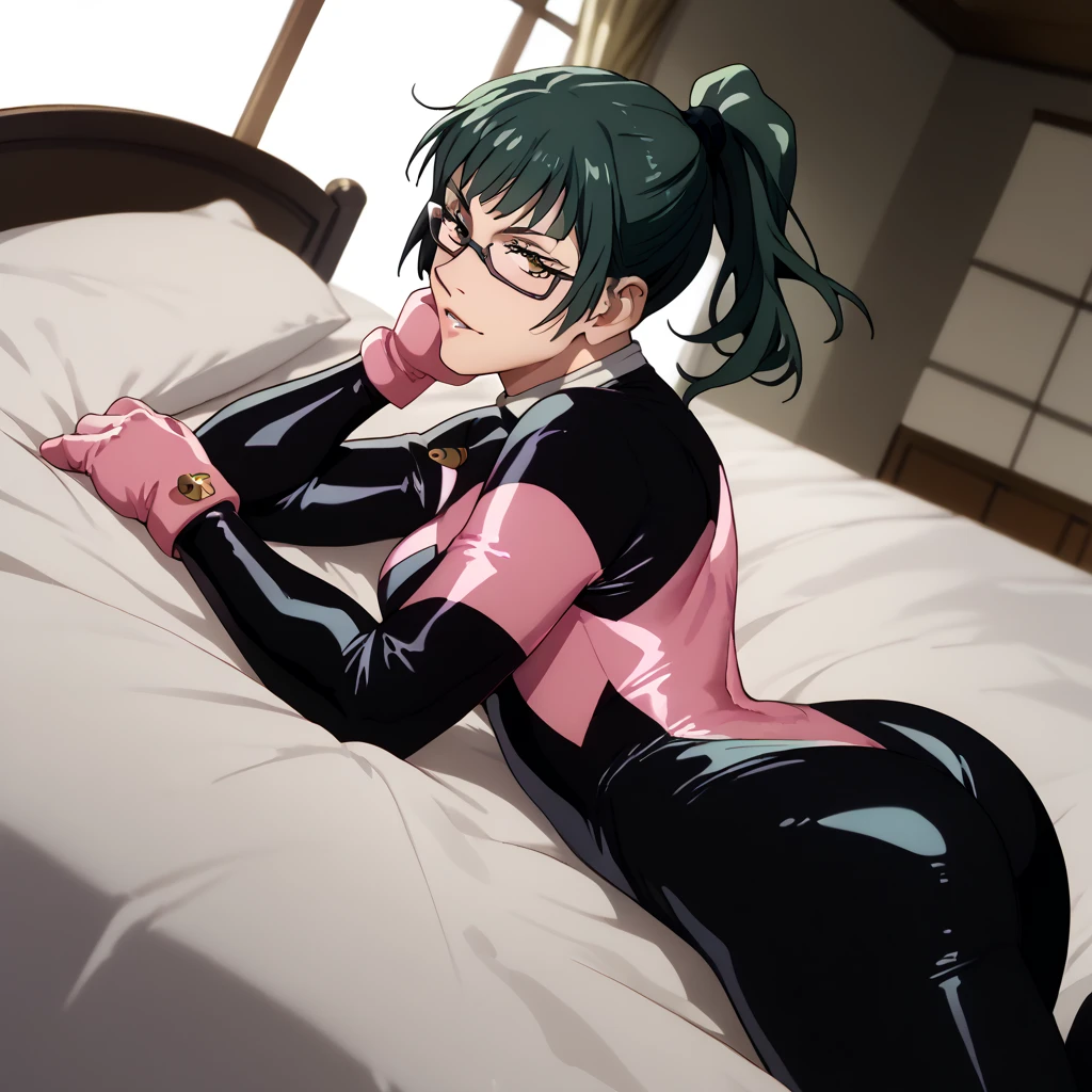 pink body suit black body suit　skin tight bed　  　　     
zenin maki glasses