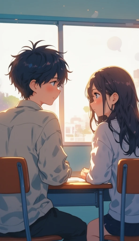 an anime illustration of a boy looking at a girl in class. he sits at the back of the class, blushing, admiring her from afar. The camera focuses on the boy who is facing the viewer, while the girl he admires is in the foreground. the girl, facing the viewer, doesn't realize about the boy and continues to talk to the person beside her. The atmosphere is dreamy where it captures the lovey-dovey mood, using a prominent of warm fuzzy colors such as baby blue and pink.