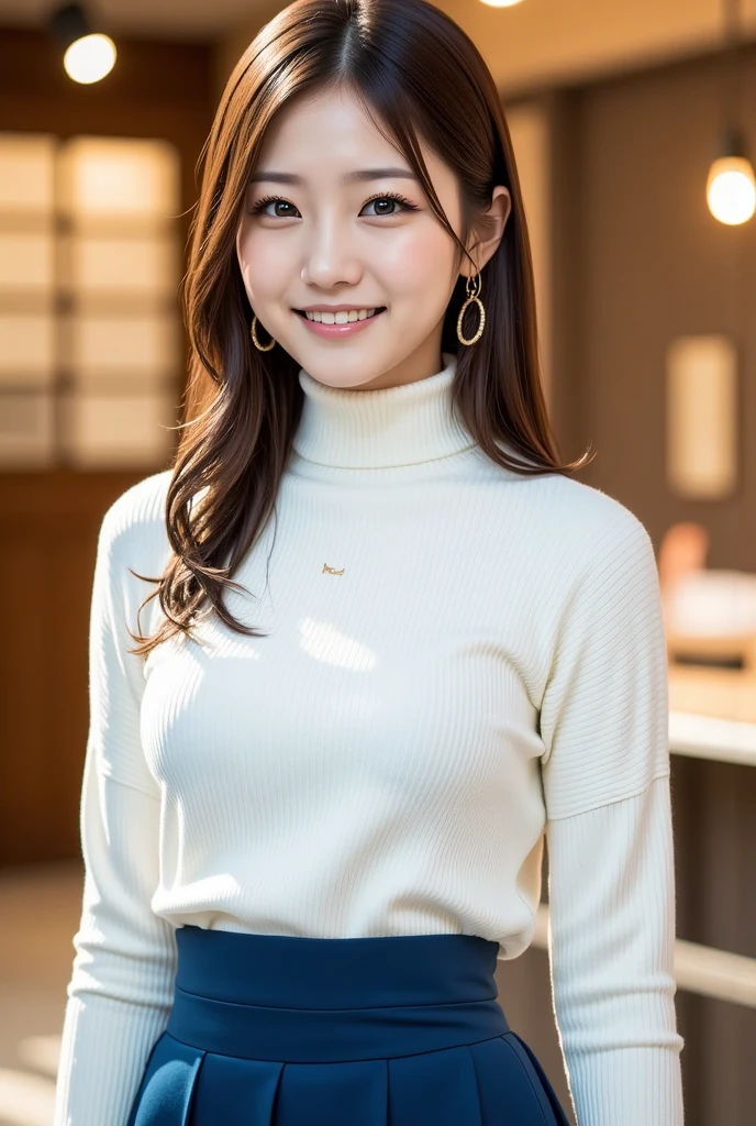  1 beautiful woman,  semi-long light brown hair 、26 years old、White knit、 dark blue long skirt、Height: 158cm、Bust 83cm、Waist 58cm、Hips 85cm 、 walking through the old japanese shline 、 can you see your whole body 、Shiny whitening 、 Hairstyle with bangs、 announcer