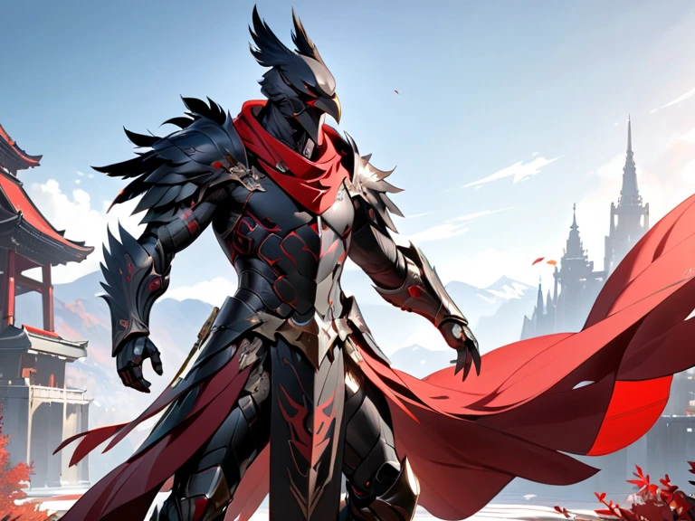 Solo, Ultra High Definition Photos, Full Body Photos Unreal Engine 5 8K UHD, Male, Armor with black and crimson color scheme, Dark red tattoo details, Crow design, Long scarf covering the left arm, Helmet shape is inspired by a crow, Crow beak on face: ２.0, Large black wings on shoulders, Red eyes, Simple design, Best quality, Masterpiece, Official art, Uniform 8k wallpaper, High detail, Sharp focus, Dynamic pose, Body parts