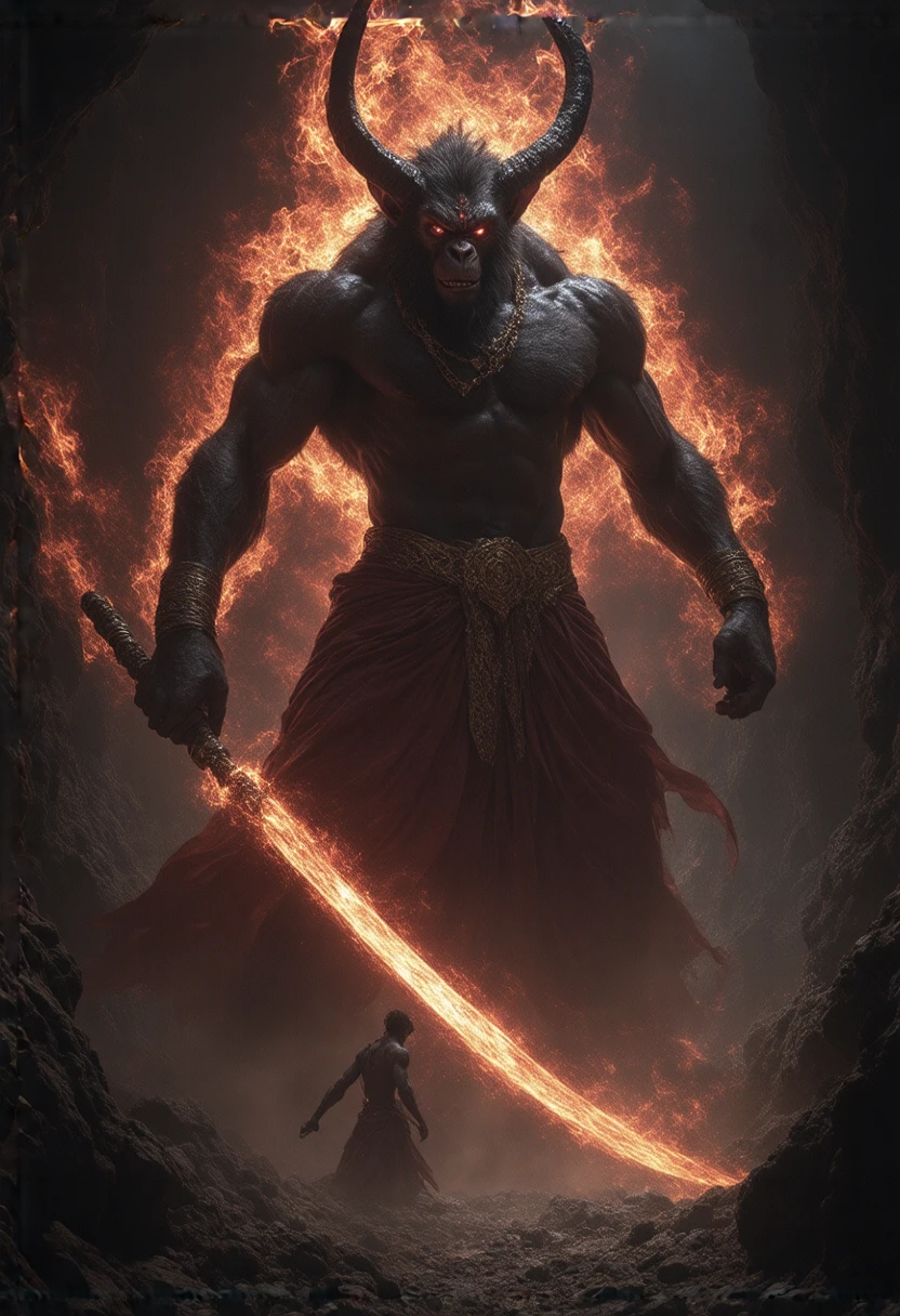 Environment:
The jungle darkens as the Demon Leader steps forward. His towering figure looms at 280 cm, with broad shoulders (90 cm) and chest (140 cm), while his ashen-gray skin glows with red cracks resembling molten lava beneath. His sharp, angular face has crimson eyes (4 cm diameter) and a broad nose (2.5 cm wide) beneath jagged teeth that gleam in the darkness. Two menacing black horns (40 cm long) spiral from his head. Clad in jagged armor etched with red runes, his chest plate (50 cm wide) and shoulder guards (30 cm wide) exude malevolence. His dark-bladed scythe (200 cm long) radiates swirling black energy, while jagged claws (10 cm long) and a spiked tail (120 cm) enhance his fearsome form. A dark, reddish aura distorts the air around him, amplifying his chaotic power.


---

Action:
Hanuman, standing at 240 cm with a muscular physique (broad chest 130 cm, shoulders 80 cm, biceps 45 cm circumference), faces off against the Demon Leader. His smooth golden fur radiates divinity. His face, blending human and monkey features, has large expressive eyes (3 cm diameter) that glow with wisdom and courage, a broad nose (2 cm wide), and a determined mouth (6 cm wide). A golden crown (15 cm height) adorned with celestial carvings rests atop his head. Hanuman's red and gold dhoti flows with a gem-encrusted waistband (5 cm wide). He wears golden armlets (5 cm), bracelets (3 cm), and a golden necklace (4 cm diameter) with a ruby pendant. His long, gracefully curved tail (150 cm) extends behind him. His golden gada (120 cm long) glows with divine fire as he faces the Demon Leader. The energies of their weapons clash as the ground beneath them cracks, and the clearing fills with intense, palpable tension.