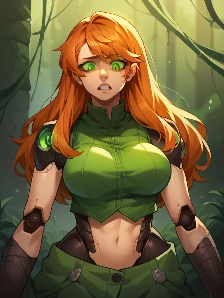 Score_9, score_8_up, score_7_up, score_6_up,  source_anime, HFWAloy, 1girl, Aloy, breast expansion, orange hair, long hair, green eyes, solo, upper body, BREAK, machina, glowing eyes, BREAK, joints,  BREAK, midriff,   wide hips, BREAK, OverallDetailXL,  