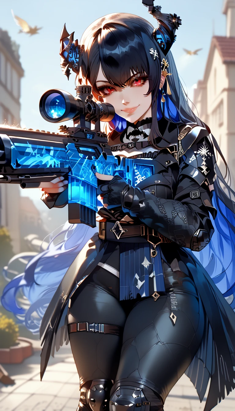 ultra-detailed, 1girl, NerissaRavencroft, ((masterpiece)), (best quality), (highres), 16K, colored inner hair, black hair, blue hair, red eyes, slit pupils, uneven horns, long hair, narrow waist, wide hips, thick thighs, wearing tactical gear, tactical belt, knee pads, boots, black panties, busty body, large breasts and a beautiful ass, showcasing cleavage, legs, hips, (holding Sniper Rifle), looking at viewer, smile, detailed face, detailed hair, detailed full body, standing on rooftop