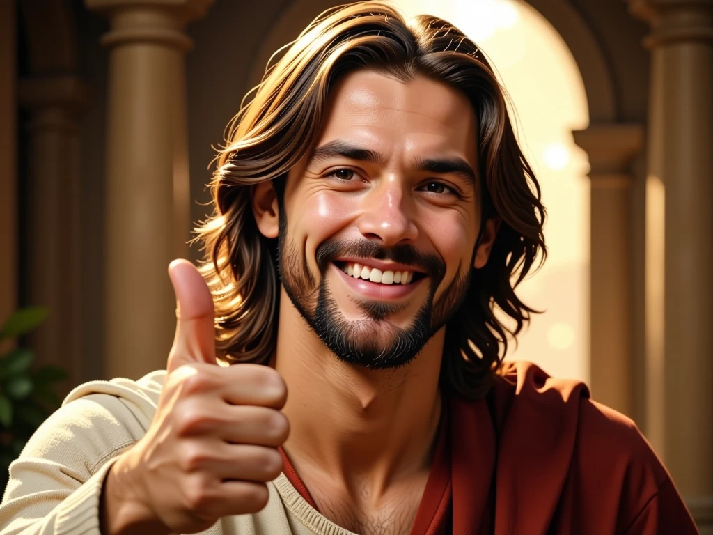 
Jesus giving a thumbs up and winking at the screen, 8k, ultra realistic