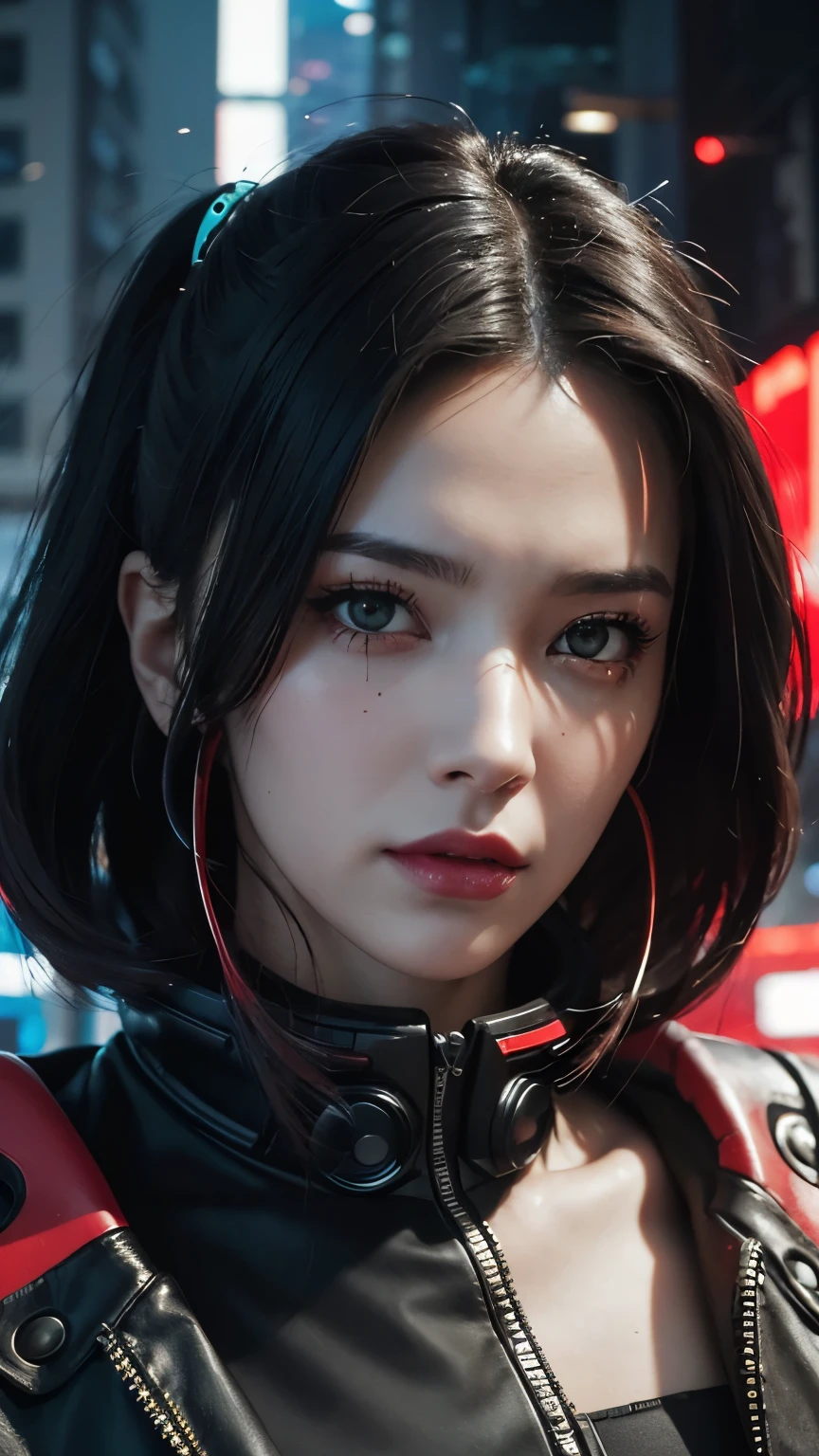 a detailed potrait of a cyberpunk cyborg girl with black and red parts, perfect face, Cyberpunk 2000. role model, in a future cyberpunk city, at an cyberpunk city, cyberpunk girl, cyberpunk style, Future Cyberpunk Night, Tokyo's in the cyberpunk city, realistic shaded perfect face, detailed. night setting. very anime style. realistic shaded lighting poster by ilya, kuvshinov, katsuhiro, unreal engine, global illumination, radiant light, detailed and intricate environment ultra HD.