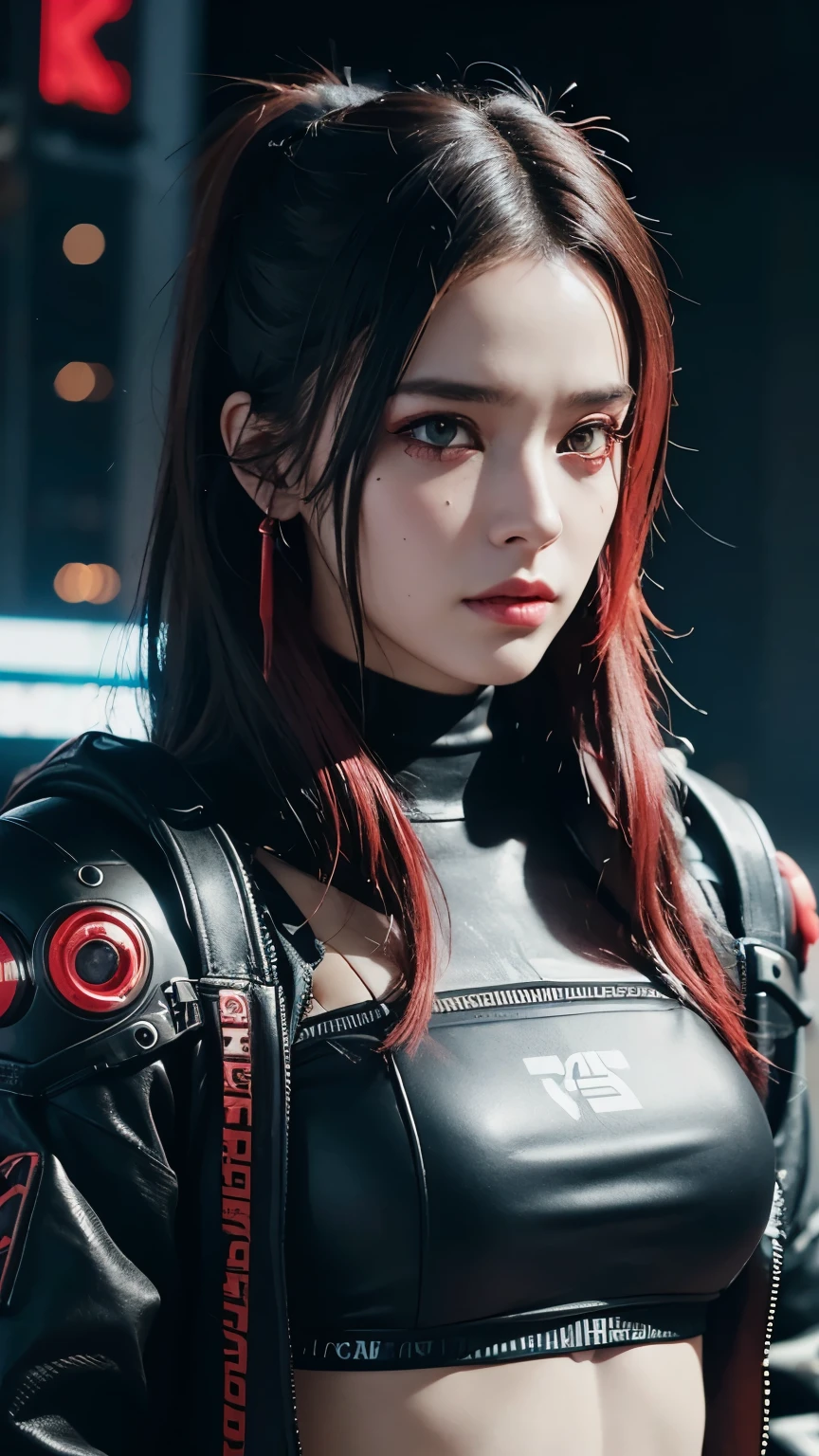a detailed potrait of a cyberpunk cyborg girl with black and red parts, perfect face, Cyberpunk 2000. role model, in a future cyberpunk city, at an cyberpunk city, cyberpunk girl, cyberpunk style, Future Cyberpunk Night, Tokyo's in the cyberpunk city, realistic shaded perfect face, detailed. night setting. very anime style. realistic shaded lighting poster by ilya, kuvshinov, katsuhiro, unreal engine, global illumination, radiant light, detailed and intricate environment ultra HD.