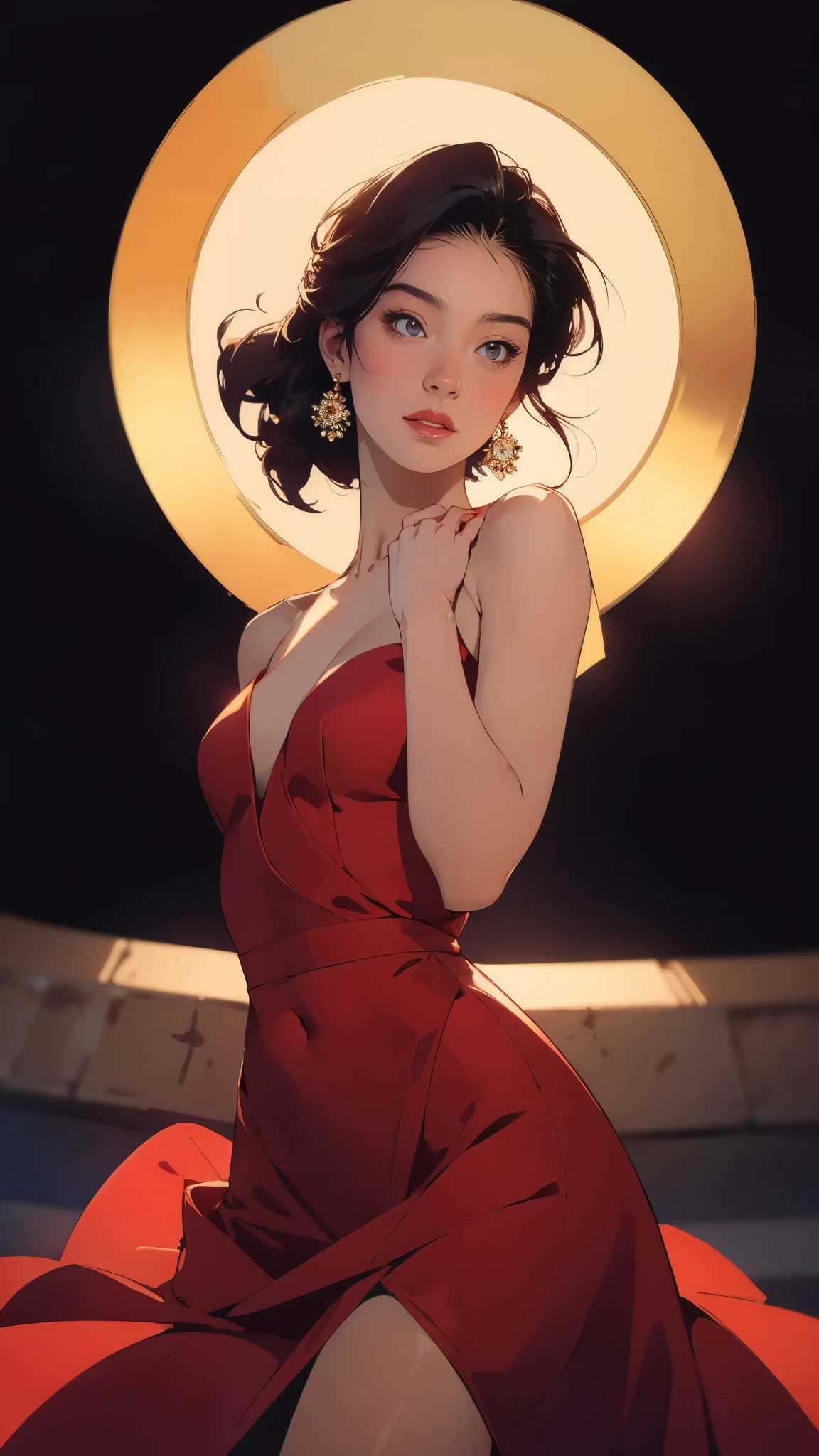 (masterpiece:1.2, best quality:1.2, extremely delicate:1.2), Nakatani Miki, a beautiful woman with medium length black hair, flawless oval face, passionate gaze, sweet smile, perfect smille, blush, seductive expression, tall and graceful figure, perfect body, perfect skin, seductive pose, sexy clothes, Flamenco dance dresses, flowing skirt, alternating Red and Blackd textures, the color scheme is primarily Black with Red accents, she caresses her body, dancing gracefully on the stage, this character embodies a finely crafted fantasy style Flamenco dancer, exquisite and mature art style, goddess, feminine, exquisite photography, depth of field, bokeh, photorealistic, even and soft lighting on face, dramatic, high definition, highres, ultra detailed, professional photo, perfect body proportions, anatomically correct, symmetrical face, extremely detailed eyes and face, perfect eyes, high quality eyes, creativity, RAW photo, UHD, 32k, portrait lighting, Natural light, cinematic lighting, (masterpiece-anatomy-perfect:1.2)