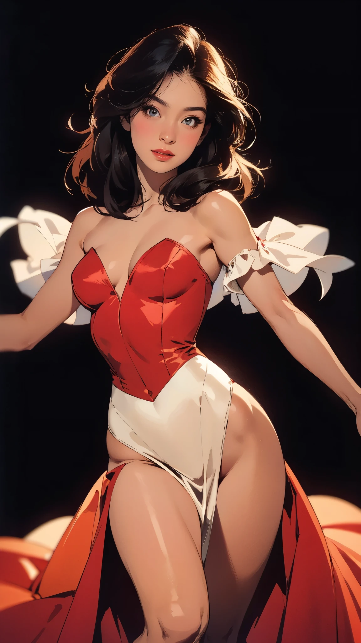 (masterpiece:1.2, best quality:1.2, extremely delicate:1.2), Nakatani Miki, a beautiful woman with medium length black hair, flawless oval face, passionate gaze, sweet smile, perfect smille, blush, seductive expression, tall and graceful figure, perfect body, perfect skin, seductive pose, sexy clothes, Flamenco dance dresses, flowing skirt, alternating Red and Blackd textures, the color scheme is primarily Black with Red accents, she caresses her body, dancing gracefully on the stage, this character embodies a finely crafted fantasy style Flamenco dancer, exquisite and mature art style, goddess, feminine, exquisite photography, depth of field, bokeh, photorealistic, even and soft lighting on face, dramatic, high definition, highres, ultra detailed, professional photo, perfect body proportions, anatomically correct, symmetrical face, extremely detailed eyes and face, perfect eyes, high quality eyes, creativity, RAW photo, UHD, 32k, portrait lighting, Natural light, cinematic lighting, (masterpiece-anatomy-perfect:1.2)