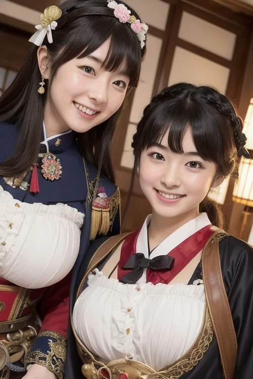 nsfw,Japan Person, 2girl with fun , japan famous idol, very young face, masterpiece, high quality, head tilt, taisho period,steampunk, narrow shoulder width,looking at viewer, small face,leaning forward,laughter, （gigantic breasts:1.8）,army costumes,new romantics, Qing