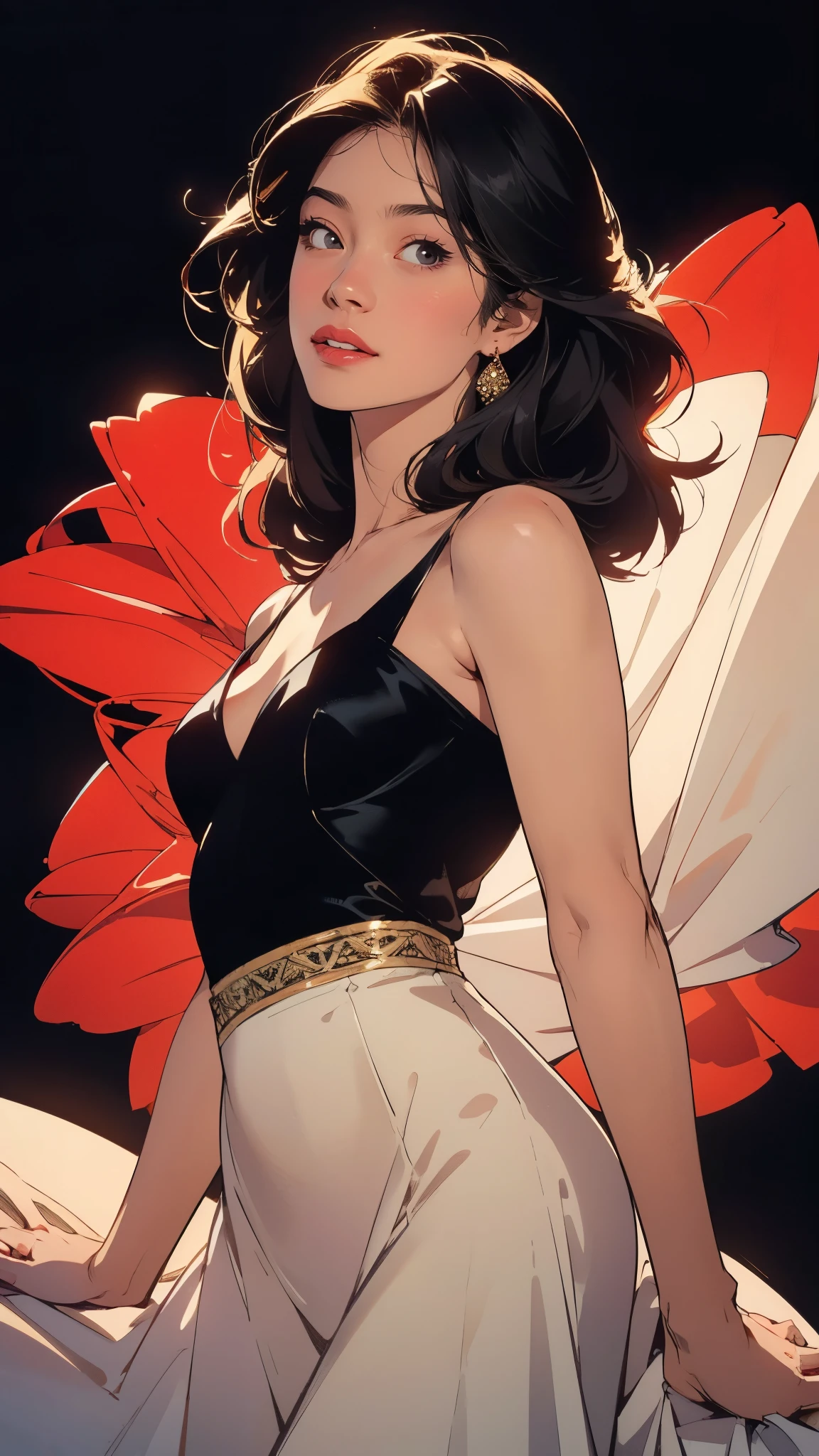 (masterpiece:1.2, best quality:1.2, extremely delicate:1.2), Nakatani Miki, a beautiful woman with medium length black hair, flawless oval face, passionate gaze, sweet smile, perfect smille, blush, seductive expression, tall and graceful figure, perfect body, perfect skin, seductive pose, sexy clothes, Flamenco dance dresses, flowing skirt, alternating Red and Blackd textures, the color scheme is primarily Black with Red accents, she caresses her body, dancing gracefully on the stage, this character embodies a finely crafted fantasy style Flamenco dancer, exquisite and mature art style, goddess, feminine, exquisite photography, depth of field, bokeh, photorealistic, even and soft lighting on face, dramatic, high definition, highres, ultra detailed, professional photo, perfect body proportions, anatomically correct, symmetrical face, extremely detailed eyes and face, perfect eyes, high quality eyes, creativity, RAW photo, UHD, 32k, portrait lighting, Natural light, cinematic lighting, (masterpiece-anatomy-perfect:1.2)