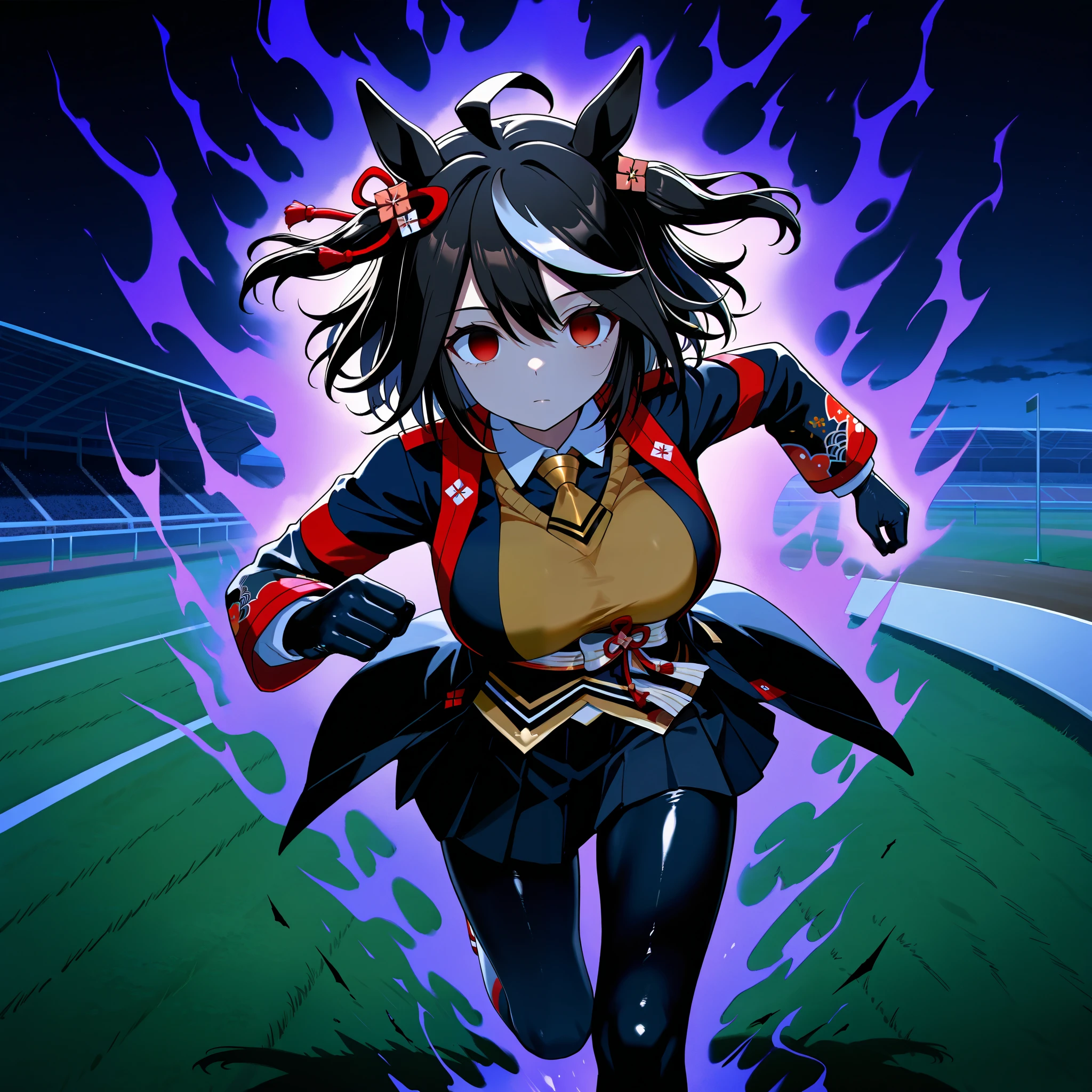 1girl,Kitasan Black\(umamusume\),((uniform)), underbust, underbust, breasts,((expressionless)), closed mouth,(two breast),((empty eyes)),Running, (dark aura),aura,(( horse racing track, dark,)), masterpiece, best quality, amazing quality, very aesthetic, absurdres,BREAK,inner latex skin tight:0.5,