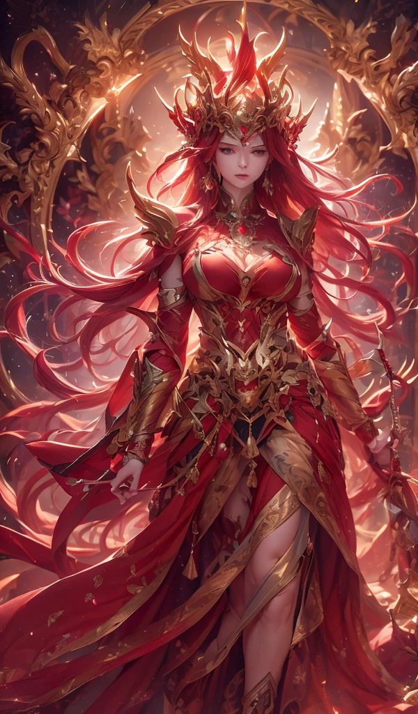 Full-size, full body image Create a highly detailed fantasy portrait of an sorceress in an enchanted forest setting. She has flowing, silvery-red hair adorned with delicate, nature-inspired accessories and faintly glowing ornaments. Her piercing crimson red eyes exude a sense of mystique and power. Red eyes sorceress, I want a "🔥" logo of red color that has fire on her mid forehead, She wears an intricate, red armor-like gown with golden accents, embedded with luminous crystals that shimmer in soft magical light. The armor is detailed with ornate, metallic vine-like designs that wrap around her arms and legs, giving her a regal yet dangerous appearance. Holding a spear with a fire on it, intricate fantasy spear, fire staff, epic fantasy weapon art, phoenix staff, draconic staff, glowing draconic staff, fantasy rpg weapon art, realistic lance, wizard magic staff, magic wooden staff, warcraft blizzard weapon art, magic staff, fantasy weapon, wooden staff, weapon concept art, flaming spear gothic fantasy art, hd fantasy art, 
The background with flame flame Magic halo Circle,love,(flame shape:1.5), "🔥" fantasy halo circle with "🔥" flame elements at her back giving her a divine flame goddess looks, masterpiece, best quality, features a soft, dreamy flame halo circle illuminated by gentle, golden light, with glowing particles floating through the air. The scene emphasizes elegance, fantasy, and otherworldly beauty, with a cinematic and hyper-realistic art style."