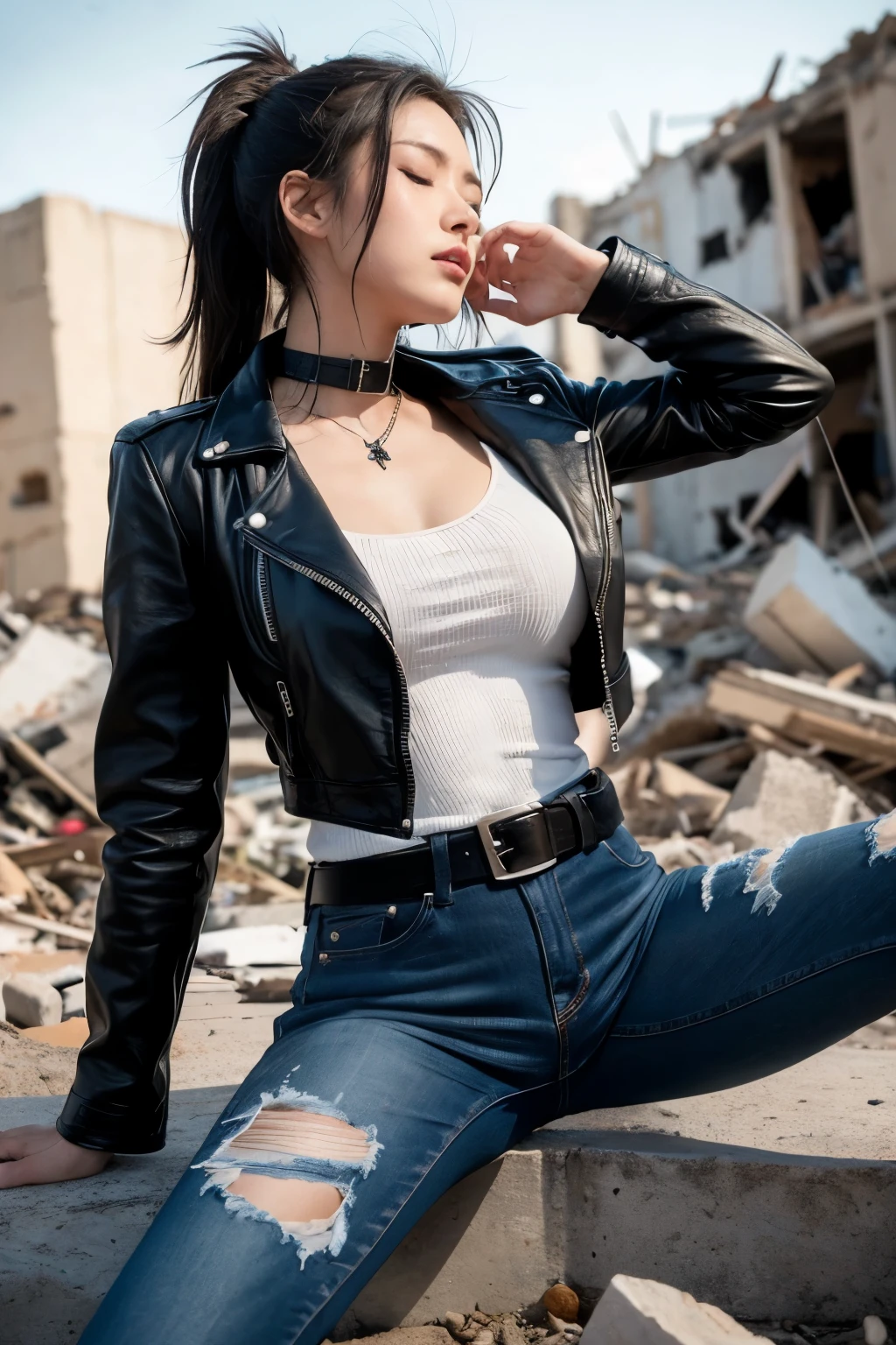  Beautiful young post apocalyptic biker chick warrior girl, wearing detailed black leather jacket and white skin tight jeans.  ((wide black utility belts)), She lays dead in a pile of rubble,  Camera between her legs view, her spread legs wide open, she is a battle casualty, strong smooth thighs, detailed face with perfect features, she lays dead in the rubble, eyes closed and mouth open in pain, head turned to side in profile. ((NON NUDE))