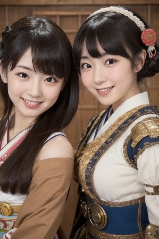 nsfw,Japan Person, 2girl with fun , japan famous idol, very young face, masterpiece, high quality, head tilt, taisho period,steampunk, narrow shoulder width,looking at viewer, small face,leaning forward,laughter, （gigantic breasts:1.8）, Imperial Japanese Army costumes,new romantics, Qing