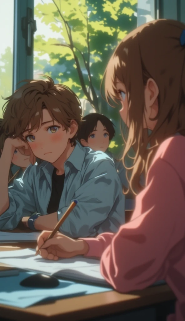 an anime illustration of a boy looking at a girl in class. he sits at the back of the class, blushing, admiring her from afar. The camera focuses on the boy who is facing the viewer, while the girl he admires is in the foreground. the girl, facing the viewer, doesn't realize about the boy and continues to talk to the person beside her. The atmosphere is dreamy where it captures the lovey-dovey mood, using a prominent of warm fuzzy colors such as baby blue and pink.