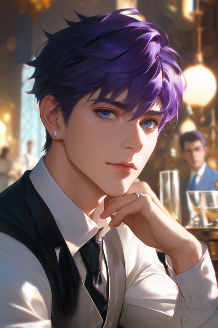 There are two young men and a woman at a party, they have purple hair.