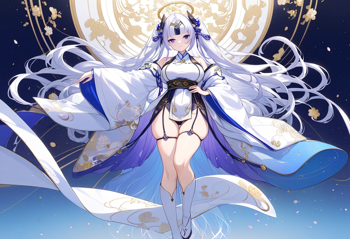 Fresh illustration,
Ultra-fine drawing,
Top quality,
Very delicate illustration,
Unity 8K wallpaper,
Very fine details,
Fantasy art,
Anime goddess,
Beautiful charming anime woman,
Enchanting anime girl,
Unity 8K wallpaper,
Ultra detailed,
Beautiful and sophisticated,
Single girl figure,
Full body figure,
Height 158cm,
Sexy pose,
Fair skin,
Right eye is blue,
Left eye is purple,
Odd eyes,
Heterochromie Iris,
Large black pupils,
Beautiful eyes,
Extra long hair,
Shiny hair,
White hair,
Protruding forehead,
Cute face,
Pretty face,
Shining halo on the back of her head,
Lowered eyebrows,
Kimono on upper body,
Japanese clothing on upper body,
Overall white clothes,
Chinese dress on lower body,
Black obi,
Tasteful embroidery with gold thread,
Clothes made of high-quality fabric,
Big breasts,
Thong,
Garter belt,
Stockings,
Thigh straps,
Thigh straps digging into skin,
White long boots,
Japanese-style toes,
Thin waist,
Thick thighs,
Isometric,
Golden ratio,
Divine atmosphere,
Wearing an indigo-colored stand-up collared inner,
Outer space,
Multiple galaxies,
Countless small stars,
Tactical use of shadows,
Free pose,
Sexy pose,
Exposing skin,
Erotic pose,
Adult pose,
Lewd outfit,
Pervert,