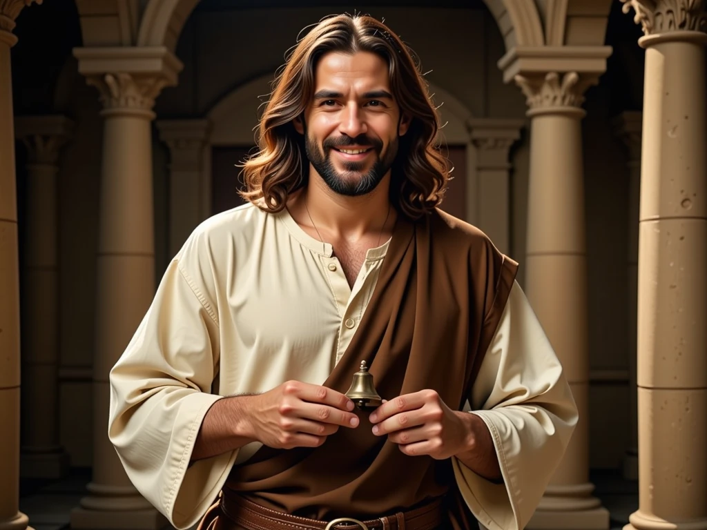 Jesus, biblical appearance, swinging a small bell, and smiling at the screen, from the waist up, 8k, ultra realistic