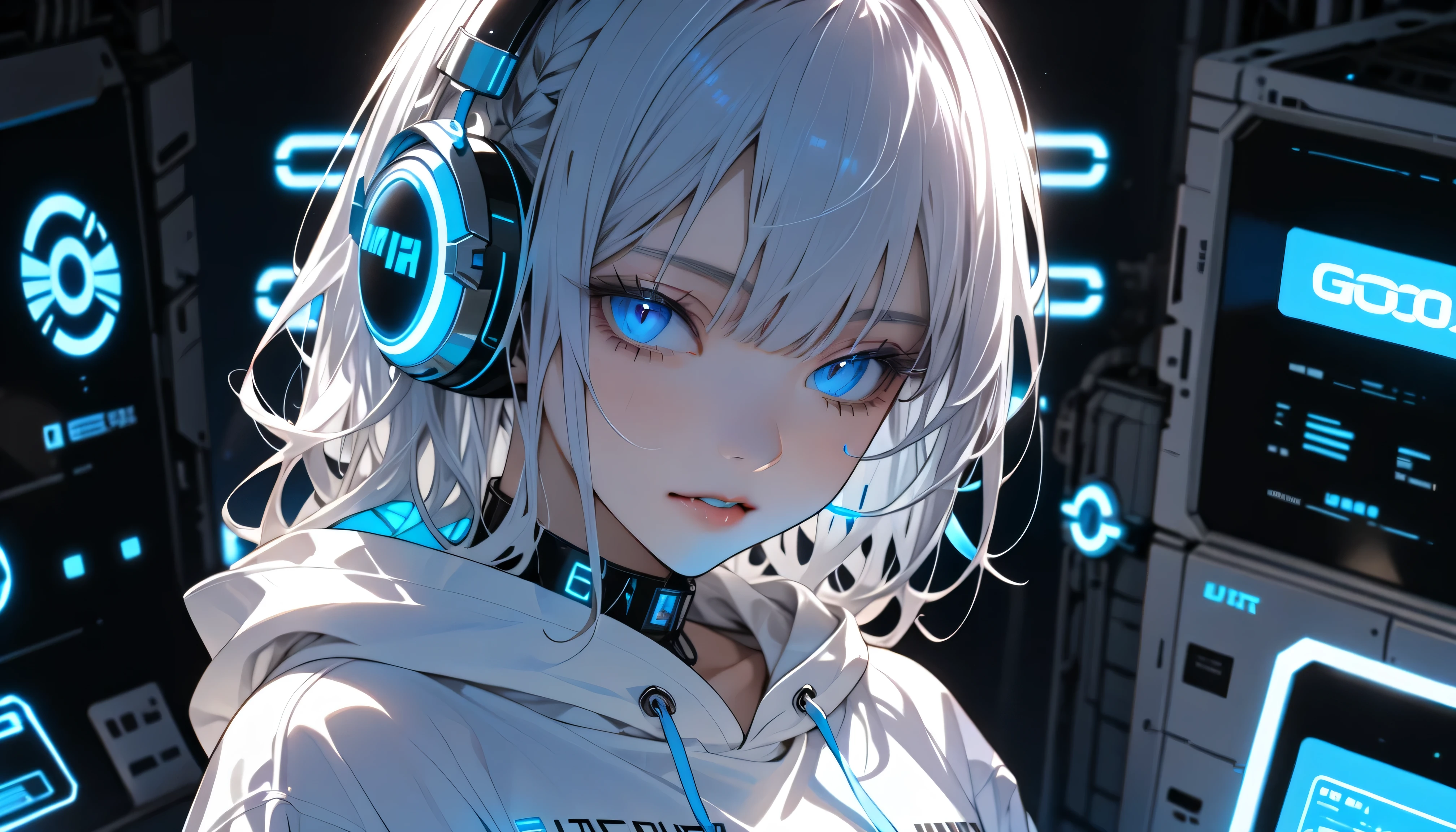 high definition , masterpiece, top quality, Ultra-high definition, 1 person, alone, facial beauty, cool expression, close-up, WHITE SWEATSHIRT HOODIE , BLUE NEON GLOWING HEADPHONES , Night Room, mechanical, There is a mechanical book。 there is 1 computer 、Double teeth 、 silver hair