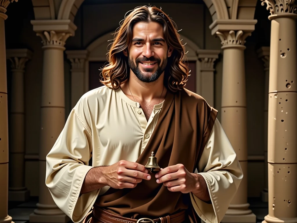 Jesus, biblical appearance, swinging a small bell, and smiling at the screen, from the waist up, 8k, ultra realistic