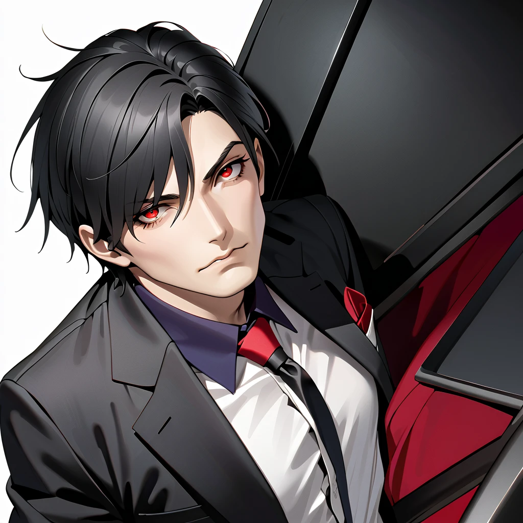  black hair, 1 person　Age 35　 sharp eye, Lewd Eyes, male　  red eyes　 short hair　  business suit　whole body