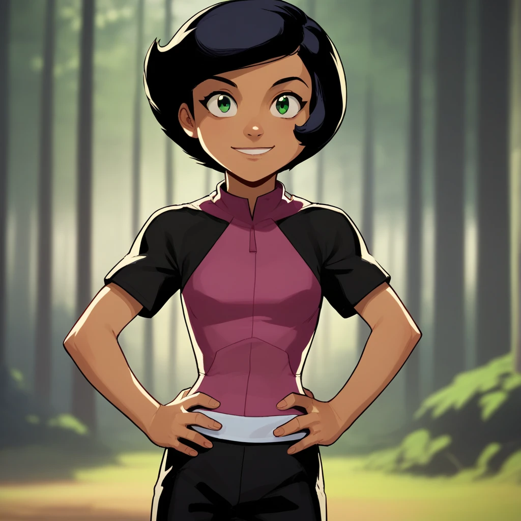 score_7_up, BREAK, 1girl, solo, Megan, black hair, short hair, green eyes,  tan, dark skin,  forest, blurry background, standing, hands on hips, smile, black short sleeves