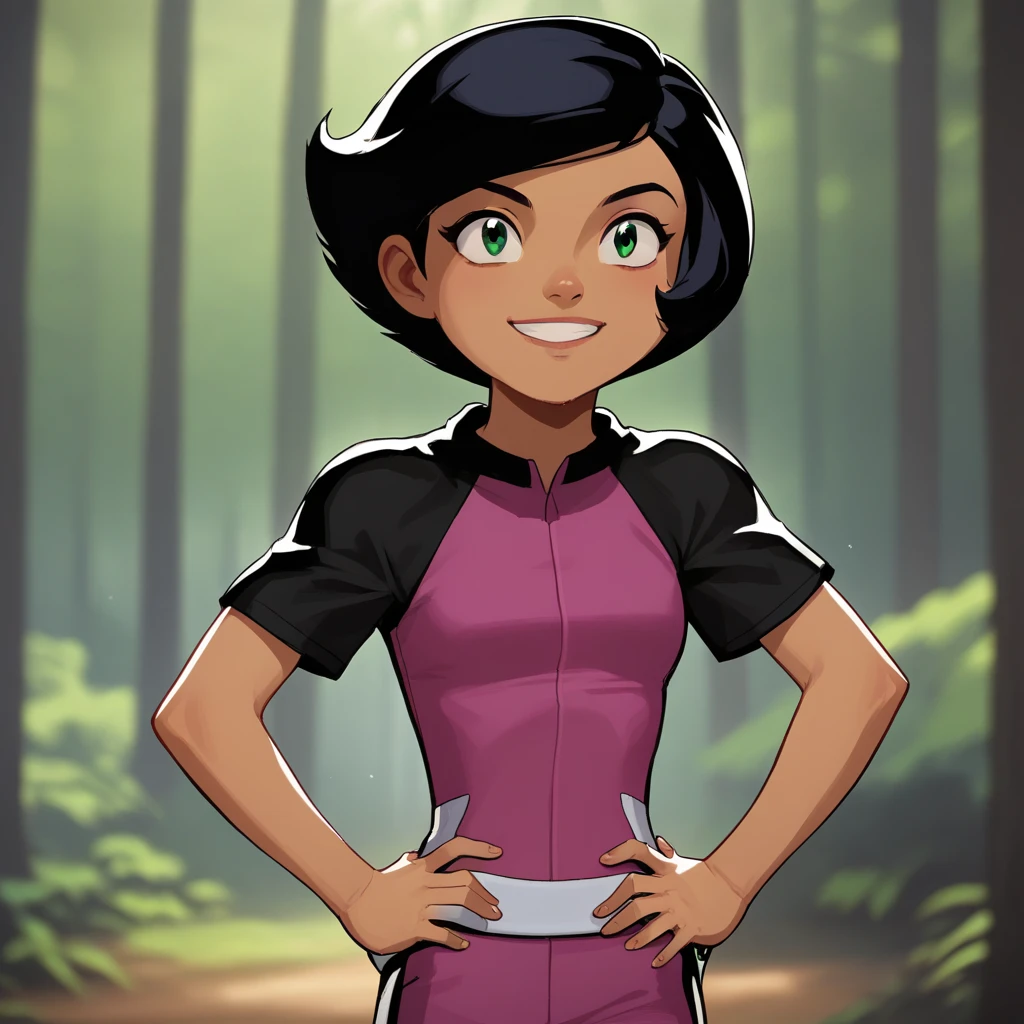 score_7_up, BREAK, 1girl, solo, Megan, black hair, short hair, green eyes,  tan, dark skin,  forest, blurry background, standing, hands on hips, smile, black short sleeves