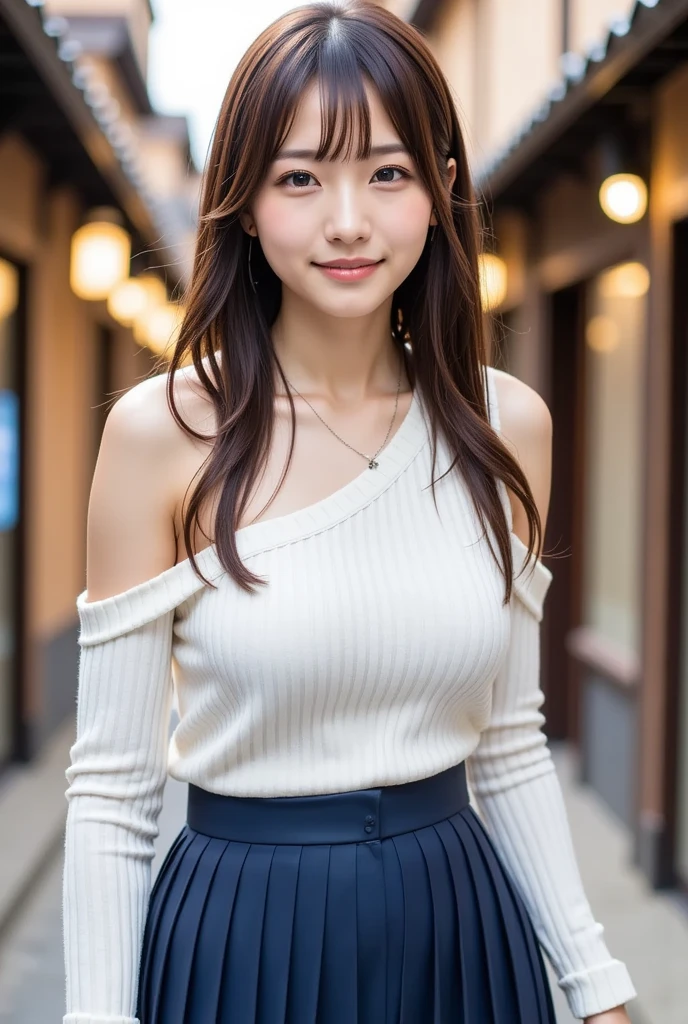  1 beautiful woman,  semi-long light brown hair 、26 years old、White knit、 dark blue long skirt、Height: 158cm、Bust 83cm、Waist 58cm、Hips 85cm 、 walking through the old japanese shline 、 can you see your whole body 、Shiny whitening 、 Hairstyle with bangs、 announcer、ハイヒールを履いている