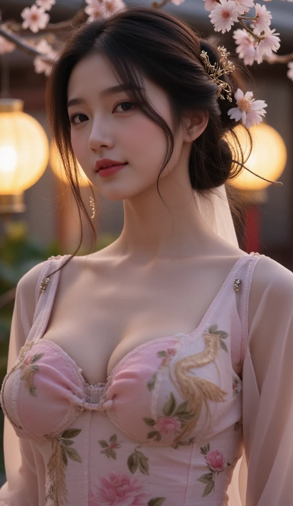 A hyperrealistic, highly detailed depiction of a stunning Asian woman with long, flowing black hair styled elegantly in an intricate Chinese updo adorned with delicate golden hairpins and silk ribbons. She wears an exquisite, low-cut traditional Chinese hanfu in soft pastel tones with flowing, translucent sleeves that drape gracefully, accentuating her voluptuous, curvy figure. The dress features ornate embroidery of lotus flowers and phoenix motifs, drawing attention to her large, well-defined breasts and narrow, elegant waist.

She poses gracefully in a serene ancient Chinese garden at sunset, surrounded by blooming cherry blossoms and delicate lanterns glowing softly in the background. Her expression is calm yet alluring, with her captivating dark eyes and subtle, teasing smile as she gazes directly at the viewer. The golden light of dusk highlights the smooth contours of her figure, her radiant skin, and the fine textures of her traditional attire.

The scene exudes a sense of timeless beauty and sensuality, blending ancient Chinese elegance with modern artistic precision. The interplay of light and shadow enhances the curves of her body, while the detailed embroidery and flowing fabric of her hanfu add a touch of fantasy and romance