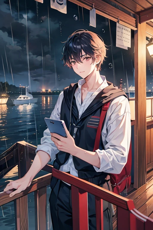 Male college student , Beautiful Youth, melancholy,  colorful ,  upper body, rain, Boat,  engine , evening