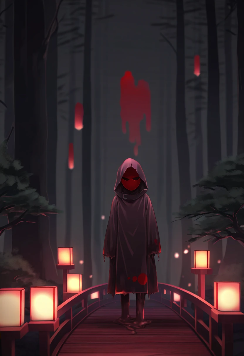 A spirit ,spectral, standing on a red bridge with lanterns on the sides with candles, Japanese-style pillared bridge , in a forest of bonsai trees and a ravine on the other side , floating on the bridge , long, broken black tunic with stains of mud and blood , red mask ,hood, Masterpiece,  Best Quality ,  ultra detailed,La  Best Quality ,High Resolutions,