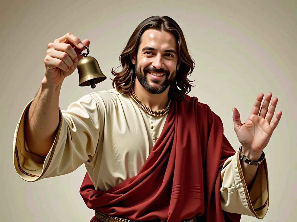 Jesus, biblical appearance, swinging a small bell, and smiling at the screen, from the waist up, 8k, ultra realistic