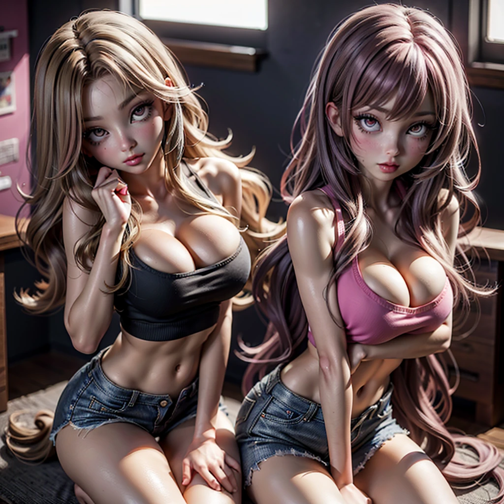 Best quality,Amazing,Masterpiece,Delicate,超高分辨率,Ultra detailed,intricately details,Beautiful detailed,8K resolution,(Extremely detailed Cg Unity 8K wallpaper),Sharp focus,((No text)),breast conscious,Huge bare breasts,Areola bareness,Bare breasts explode,Lively bare breasts,Bare breasts,High transparency and transparency of bikini tearing，，Tongue stock,Makeup,Happy,Reflectors,ahegao,Pink eyes,Heart earrings,2girls,Female pervert,view the viewer,hair flower,Long hair,multicolored hair,Shiny hair,Barefoot,Bottomless,Thick thighs,Bare legs,Look at each other from the front、((Feminine kiss))、(((French kiss for women)))、Women hugging each other，As if pushing each other、Staring at each other、Moist eyes、half-open lips、Beautiful、Red blush(0.2)、Functional、seductiv、Trance、instigate、Beauty、bustup、Shunguang、、Shoot diagonally down from the front、precise drawing、Detailed drawing、Precise anatomy、