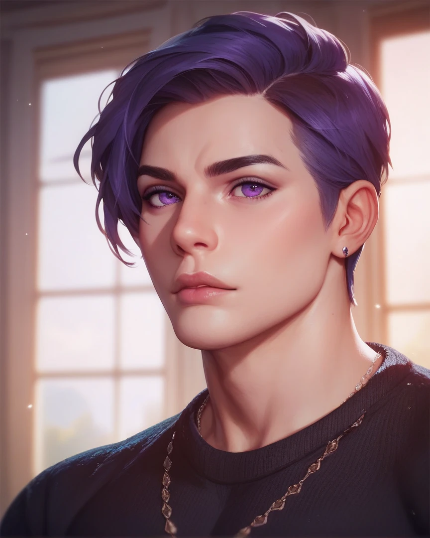 ((best quality)), ((masterpiece)), (detailed), 1boy, raven black sweater, beautiful purple eyes, super attractive and badass male