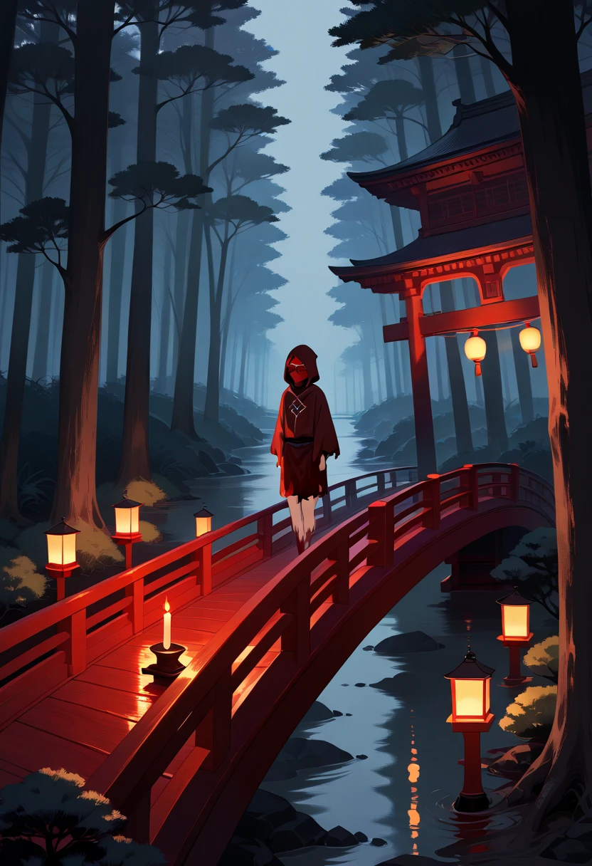 A spirit ,spectral, standing on a red bridge with lanterns on the sides with candles, Japanese-style pillared bridge , in a forest of bonsai trees and a ravine on the other side , floating on the bridge , long, broken black tunic with stains of mud and blood , red mask ,hood, Masterpiece,  Best Quality ,  ultra detailed,La  Best Quality ,High Resolutions,