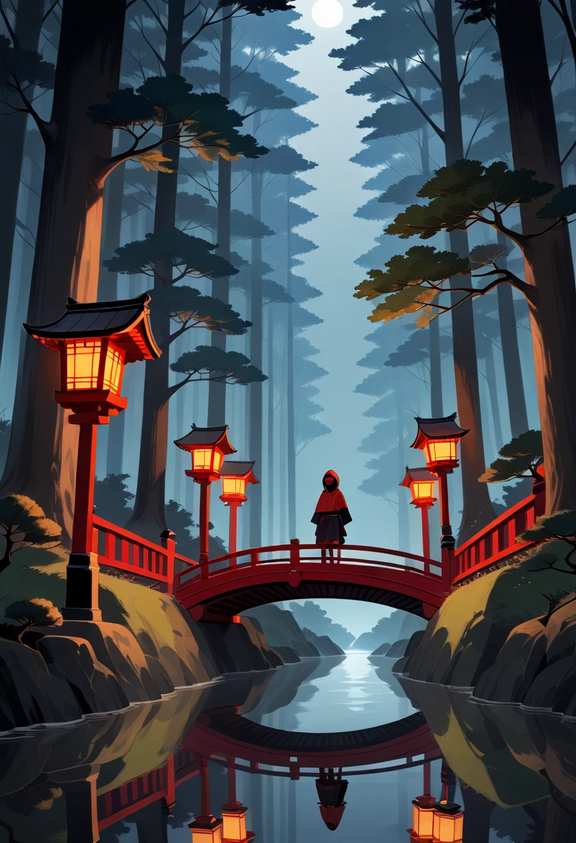 A spirit ,spectral, standing on a red bridge with lanterns on the sides with candles, Japanese-style pillared bridge , in a forest of bonsai trees and a ravine on the other side , floating on the bridge , long, broken black tunic with stains of mud and blood , red mask ,hood, Masterpiece,  Best Quality ,  ultra detailed,La  Best Quality ,High Resolutions,