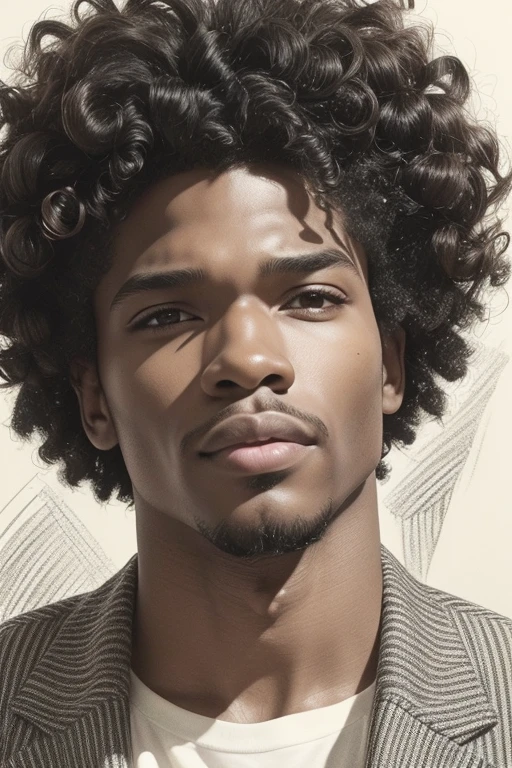 Curly Twister Hair Style, Thin loose curls for men's bass, black man, From the front as if taking a picture ,  pencil drawing shading hatch pointillism