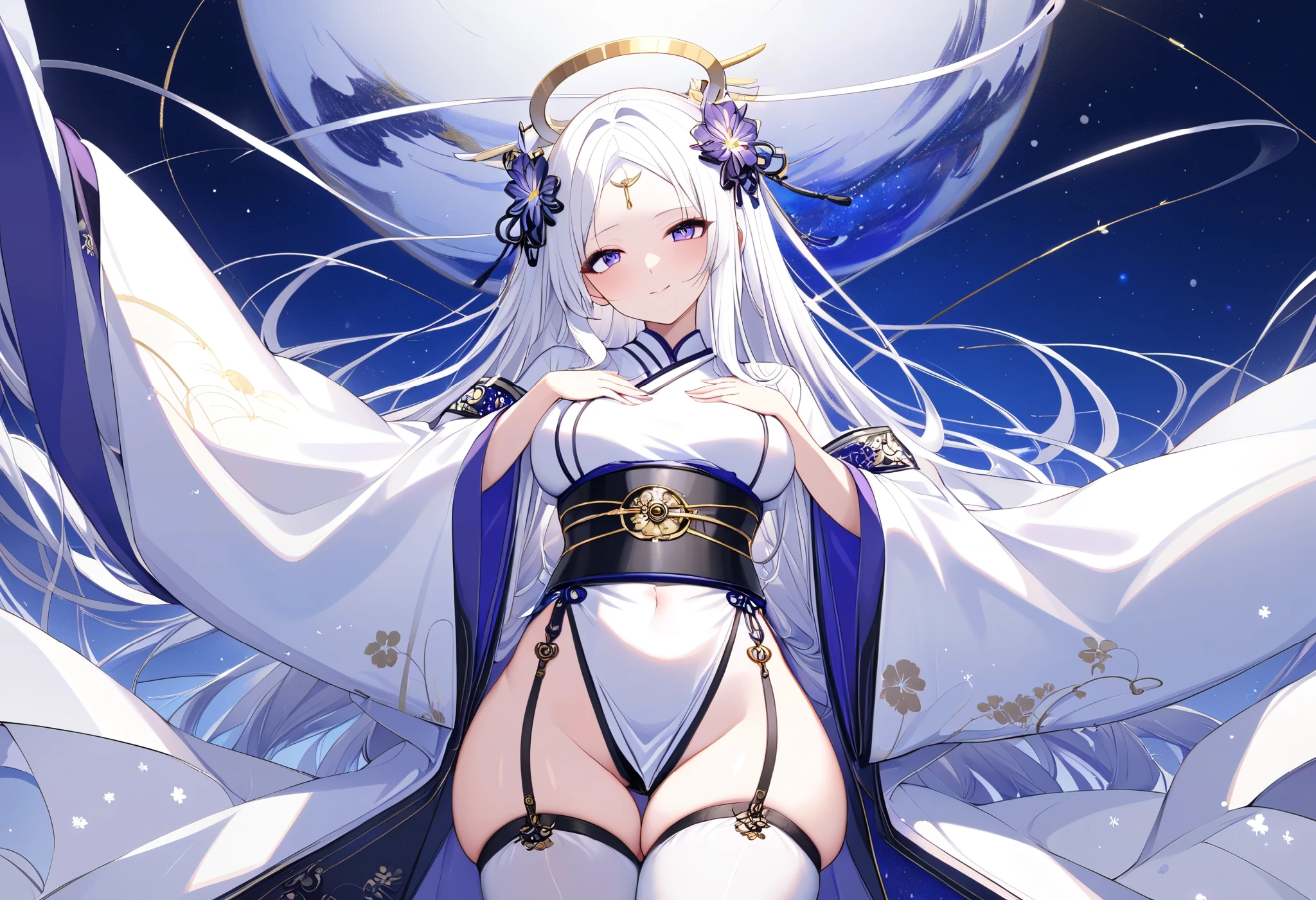 Fresh illustration,
Ultra-fine drawing,
Top quality,
Very delicate illustration,
Very fine details,
Beautiful and attractive anime woman,
Enchanting anime girl,
Super detailed,
Beautiful and sophisticated,
Illustration of a girl,
Full body,
Height 158cm,
Sexy pose,
Fair skin,
Right eye is blue,
Left eye is purple,
Odd eye,
Heterochromie iris,
Large black pupil,
Beautiful eyes,
Super long hair,
Shiny hair,
White hair,
Forehead is protruding,
Cute face,
Pretty face,
A shining angel halo on the back of the head,
Lowered eyebrows,
Smiling,
Upper body is kimono,
Upper body is Japanese clothing,
Overall white clothes,
Lower body is Chinese dress,
Obi color is black,
Tasteful embroidery with gold thread,
Clothes with high quality texture,
Big breasts,
Thong,
Garter belt,
Stocks ing,
thigh straps,
thigh straps digging into skin,
white long boots,
Japanese style toes,
thin waist,
thick thighs,
isometric,
golden ratio,
divine atmosphere,
wearing an indigo-colored stand-up collared inner,
outer space,
multiple galaxies,
countless small stars,
tactical use of shadows,
free pose,
sexy pose,
exposing skin,
naughty pose,
adult pose,
lewd outfit,
pervert,