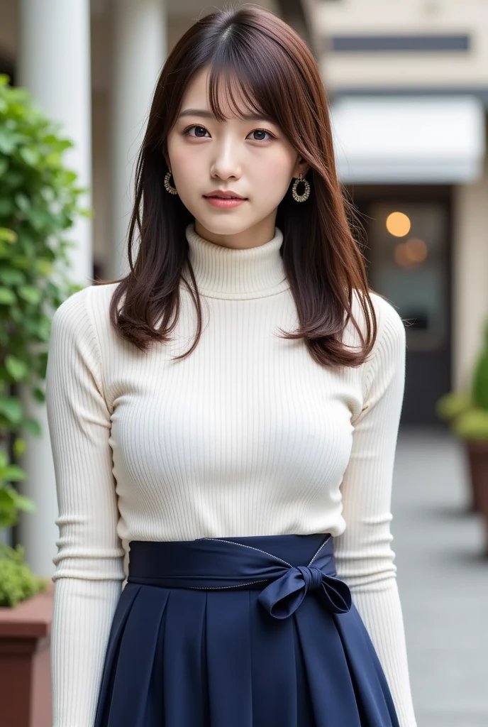  1 beautiful woman,  semi-long light brown hair 、26 years old、White knit、 dark blue long skirt、Height: 155cm、Bust 83cm、Waist 58cm、Hips 85cm 、 walking through the old japanese shline 、 can you see your whole body 、Shiny whitening 、 Hairstyle with bangs、 announcer、 is wearing high heels、round face