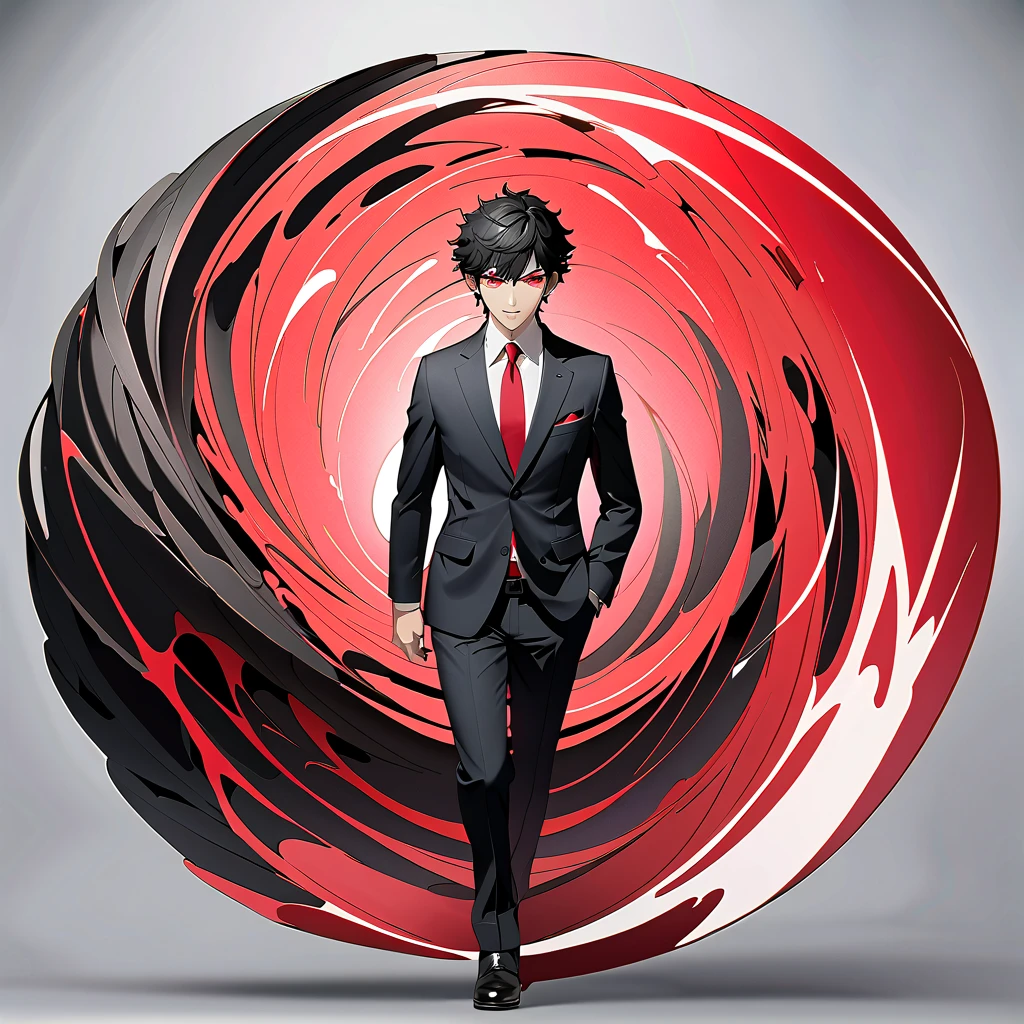  black hair, 1 person　Age 35　 sharp eye, male　  red eyes　 short hair　  business suit　whole body