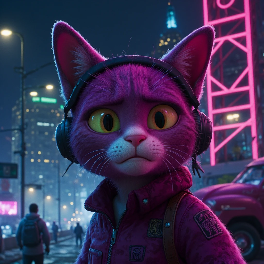 arafed cat wearing headphones in a city at night, cyberpunk art inspired by Beeple, trending on cgsociety, furry art, cyberpunk cat, synthwave style, 80s style synthwave, synthwave art style ]!!, synthwave art, synthwave art style, synthwave, synthwave aesthetic, synthwave inspired, 8 0 s synthwave
