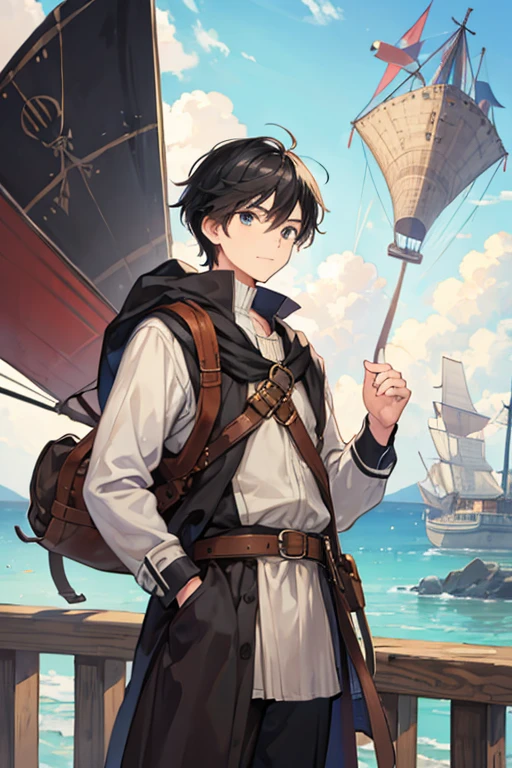  man,student , airship,  up , middle ages,  black hair