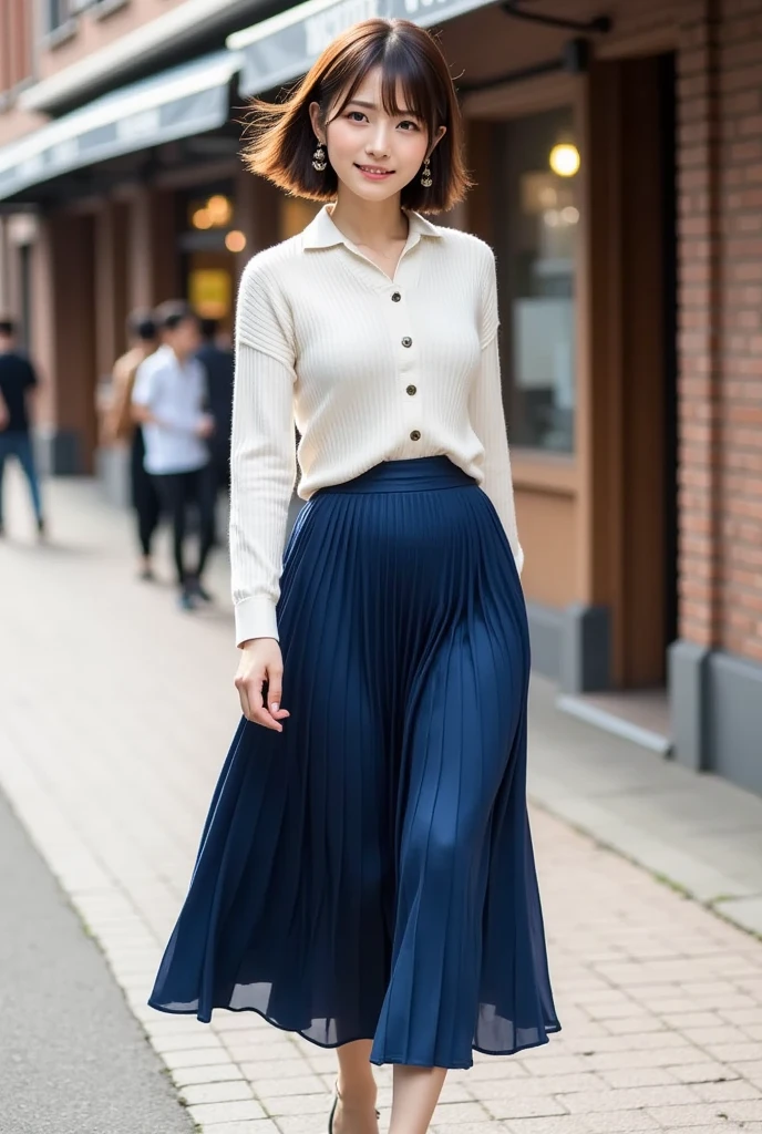  1 beautiful woman,  short light brown hair 、26 years old、White knit、 dark blue long skirt、Height: 155cm、Bust 83cm、Waist 58cm、Hips 85cm 、 walking through the old japanese shline 、 can you see your whole body 、Shiny whitening 、 Hairstyle with bangs、 announcer、 is wearing high heels、round face