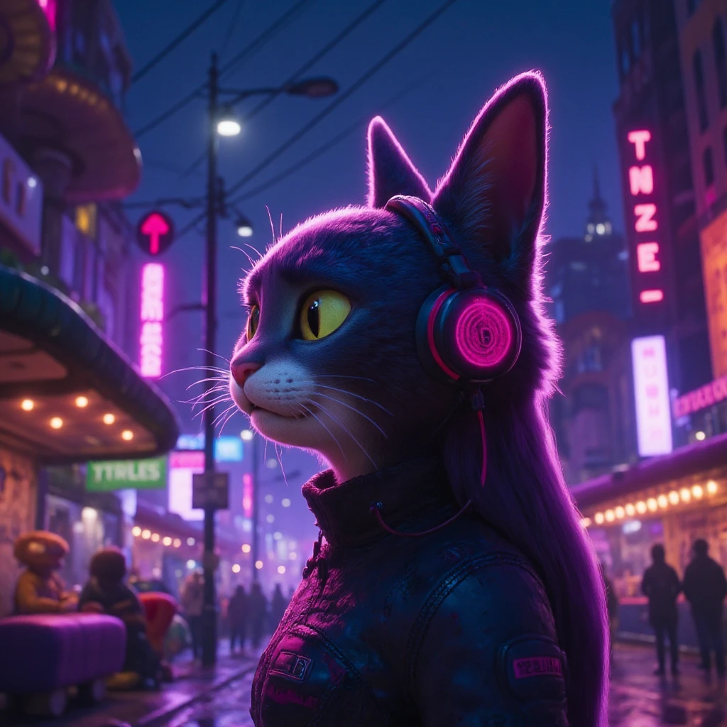 arafed female cat wearing headphones in a city at night, cyberpunk art inspired by Beeple, trending on cgsociety, furry art, cyberpunk female cat, synthwave style, 80s style synthwave, synthwave art style ]!!, synthwave art, synthwave art style, synthwave, synthwave aesthetic, synthwave inspired, 8 0 s synthwave
