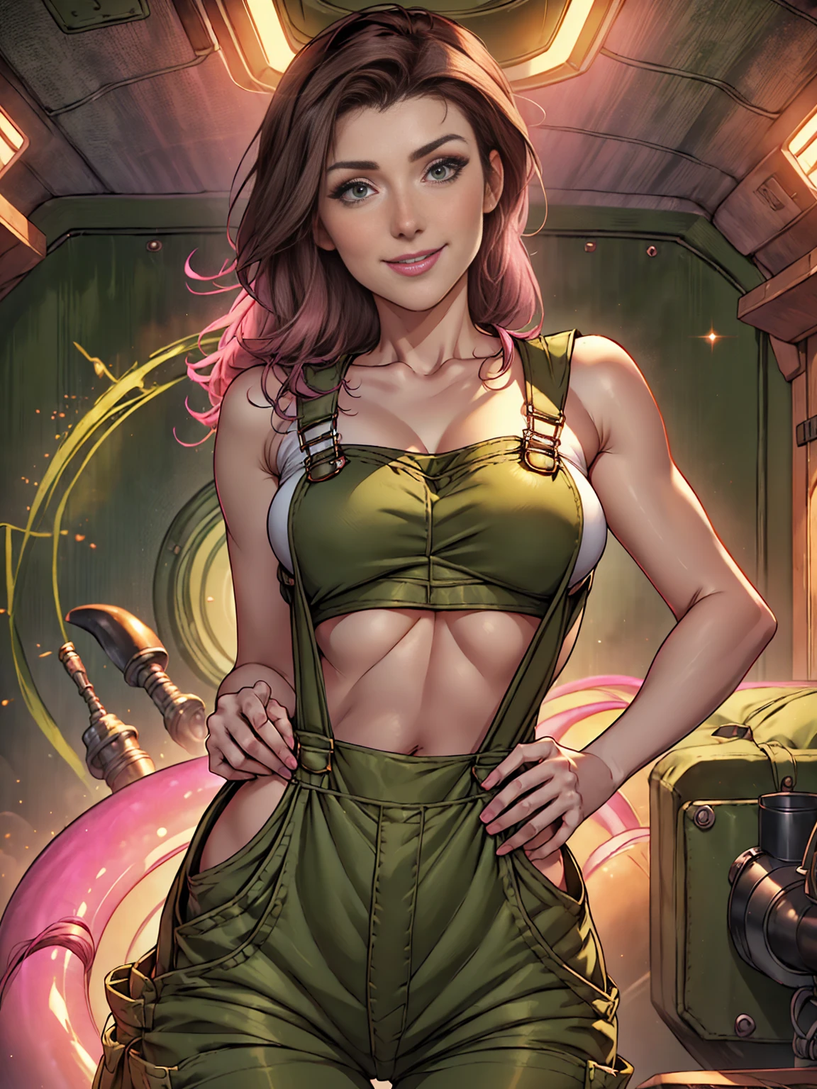 ((1girl)), Jewel Staite as Kaylee from Firefly, ((undone olive green overalls)), ((short pink crop top)), ((long brunette hair)), perfect breasts, sexy pose, smile, spaceship engine