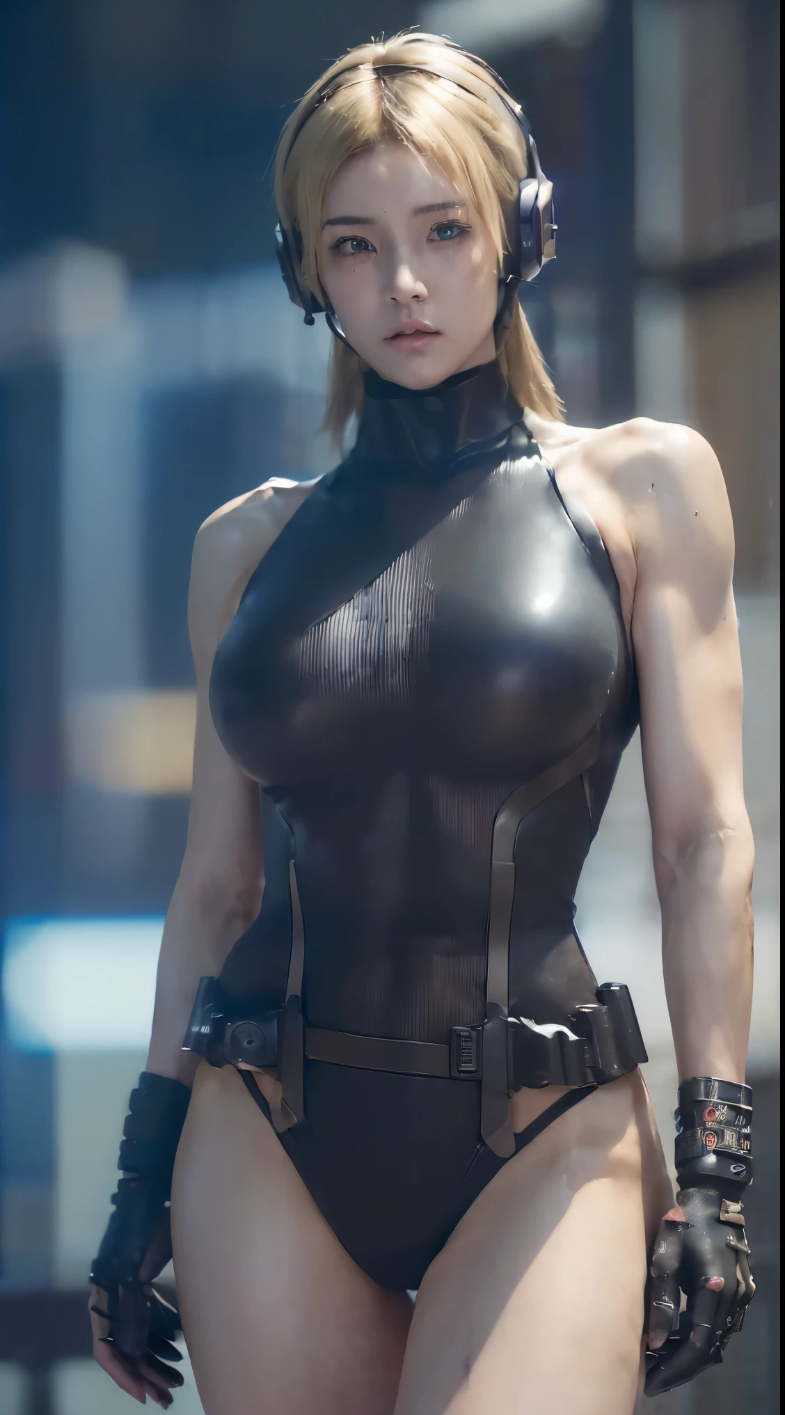 (One Woman),(((A female member of the future police force is standing))),((dark tactical bodysuit:1.5)),((headset:1.5)),((Tactical Holster:1.5)),(Gloves:1.5),(serious:1.5),(extra short hair:1.5),(Blonde:1.5),(Beautiful Eyes:1.3),(Very detailedな顔:1.5),((Detailed drawing of a woman's hand:1.5)),((Muscular:2.0)),(Sexy Looks:1.5),((Thick thighs:1.5)),(Beautiful body:1.5),((Very sensual:1.5)),(The background is a futuristic city:1.5),(cyberpunk atmosphere:1.5),(((Blur the background:1.5))),(Written boundary depth:1.5),break(((masterpiece:1.5),(highest quality:1.5),(Very detailed:1.5),(High resolution:1.5),(Realistic:1.5),(Realistic:1.5),(Delicate depiction),(Careful depiction))),8k,wallpaper