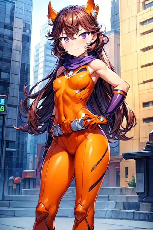 ((best quality)), ((masterpiece)), (detailed), 1 girl, 20s, young adult, smiling, metallic goblin ears, white scarf, gremlin, purple eyes, brown hair, long hair, wavy hair, bangs, brown neck, somewhat short, very thin, hunched over, long metal claws, spikes on her forearms, brown fingerless gloves, orange wristbands, orange nanotech suit, light armor, orange chest with an emblem, high shoulder pads, orange suit with brown stripes, brown stripes, triangle emblem on her chest, small breasts, light blue emblem, orange pants, orange knee pads, metallic orange boots, metallic orange shoes, brown superhero belt, standing on a building, city background, anime