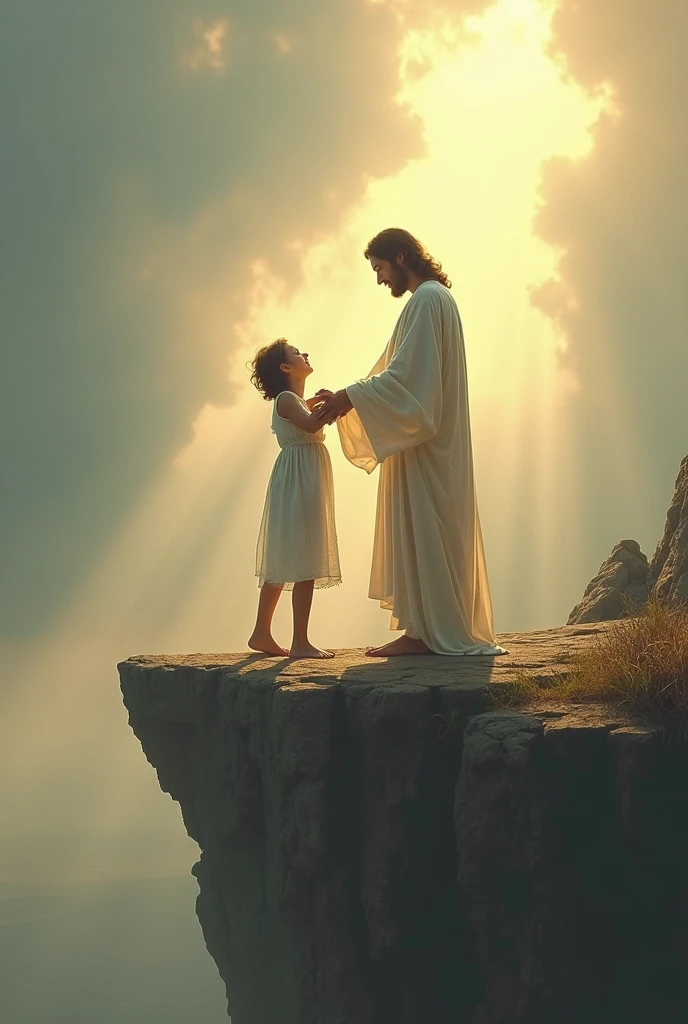 A beautiful white young Indian girl wearing white punjabi dress with very long thick black hair braided and her head covered with veil praying to God on her knees with her hands and God is consoling her with his hand on her shoulder with a background of clouds shining with thunders